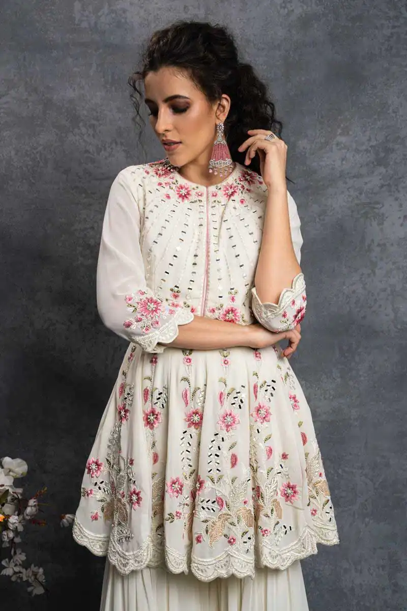 SR 1238 White Top : Heavy Fox Georgette Sharara : Fox Georgette Work : Heavy Embroidery With Real Mirror Work Wedding, Party @1849 Only | Salwar suit, Designer Suits, Casual Suits, Creative suits, Palazzo Suits, Party Wear Suits, Straight Suits
