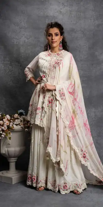SR 1238 White Top : Heavy Fox Georgette Sharara : Fox Georgette Work : Heavy Embroidery With Real Mirror Work Wedding, Party @1849 Only | Salwar suit, Designer Suits, Casual Suits, Creative suits, Palazzo Suits, Party Wear Suits, Straight Suits