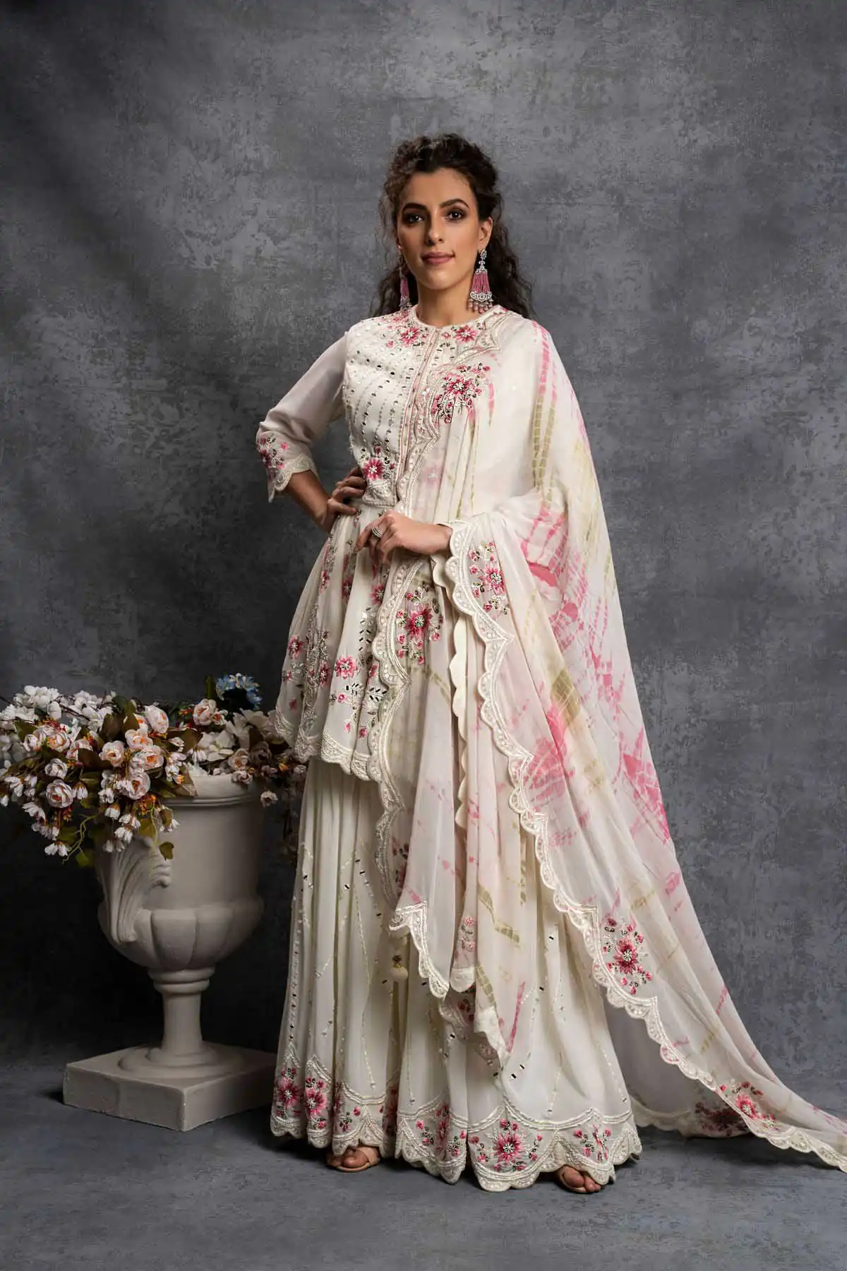 SR 1238 White Top : Heavy Fox Georgette Sharara : Fox Georgette Work : Heavy Embroidery With Real Mirror Work Wedding, Party @1849 Only | Salwar suit, Designer Suits, Casual Suits, Creative suits, Palazzo Suits, Party Wear Suits, Straight Suits