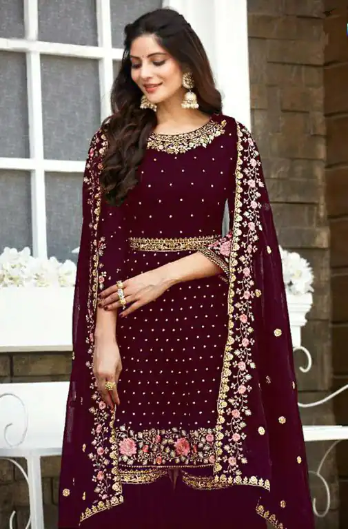 Ds 003821 Maroon color Georgette Embroidery Stone work Sharara suit Wedding, Party, Festive, Events Etc. Expected Delivery 4-6 Working Days @2299/- | Salwar suit, Designer Suits, Casual Suits, Creative suits, Palazzo Suits, Party Wear Suits, Straight Suits