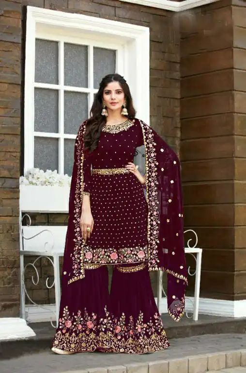 Ds 003821 Maroon color Georgette Embroidery Stone work Sharara suit Wedding, Party, Festive, Events Etc. Expected Delivery 4-6 Working Days @2299/- | Salwar suit, Designer Suits, Casual Suits, Creative suits, Palazzo Suits, Party Wear Suits, Straight Suits