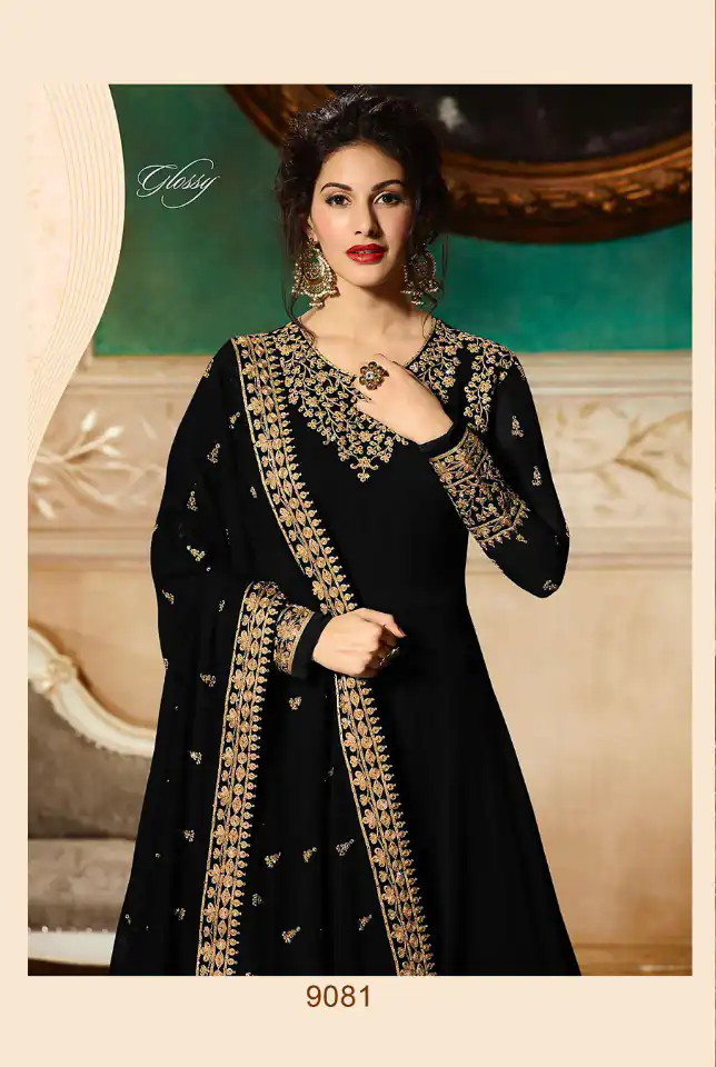 GLOSSY 9081 BLACK Color: BLACKFabrics: Top :- Heavy Georgette Embroidery work & Stone Work Dupatta:- Georgette with Embroidery Work +Stone with Lace | Anarkali Suits, Bollywood Anarkali, Creative-Anarkali, Designer Anarkali, Embroidered Anarkali, Party Wear Anarkali