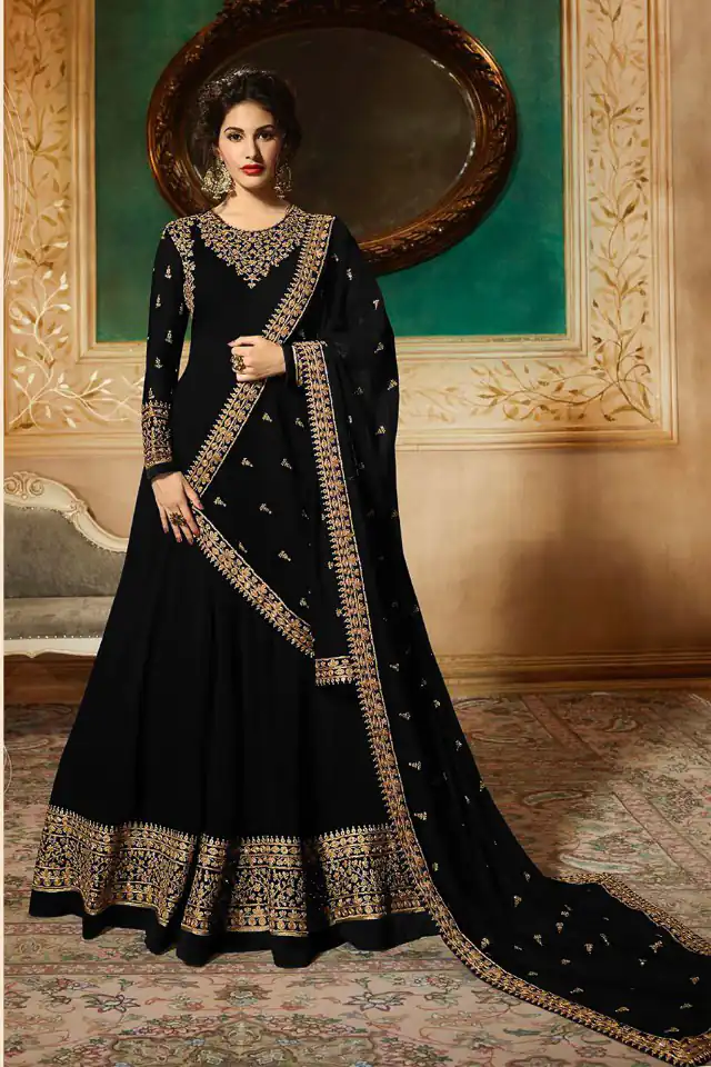 GLOSSY 9081 BLACK Color: BLACKFabrics: Top :- Heavy Georgette Embroidery work & Stone Work Dupatta:- Georgette with Embroidery Work +Stone with Lace | Anarkali Suits, Bollywood Anarkali, Creative-Anarkali, Designer Anarkali, Embroidered Anarkali, Party Wear Anarkali