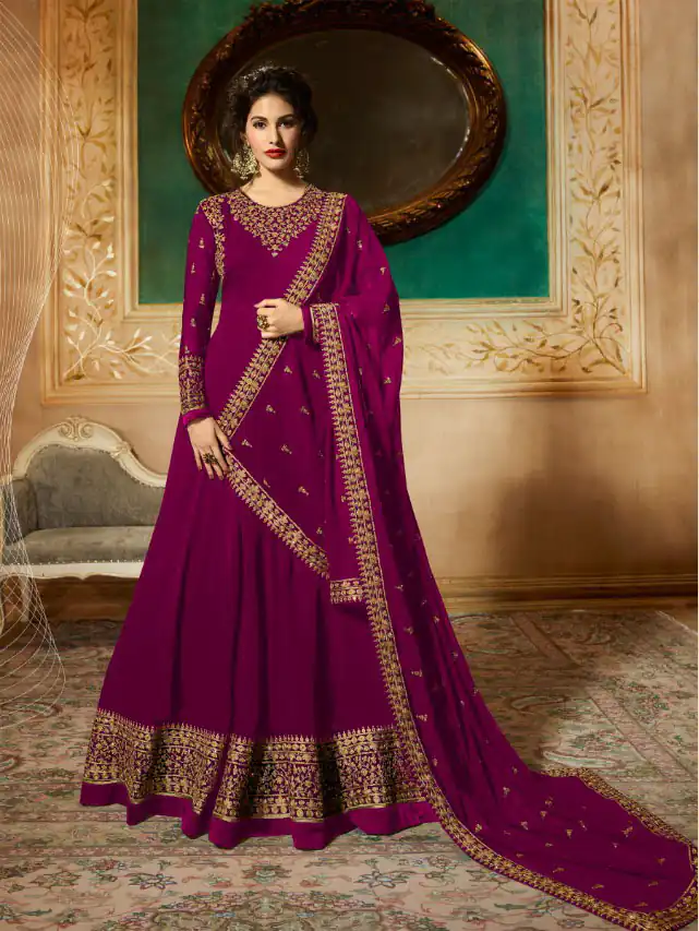GLOSSY 9081 PinkColor: PinkFabrics: Top :- Heavy Georgette Embroidery work Dupatta:- Georgette with Embroidery Work +Stone with Lace | Anarkali Suits, Bollywood Anarkali, Creative-Anarkali, Designer Anarkali, Embroidered Anarkali, Party Wear Anarkali
