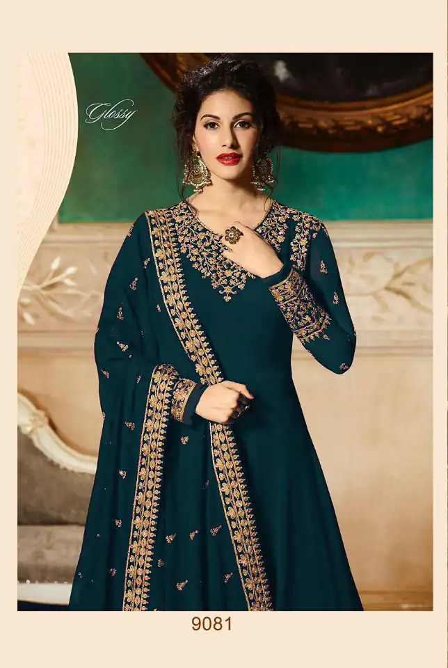 GLOSSY 9081 Prussian blueColor: Prussian blueFabrics: Top :- Heavy Georgette Embroidery Dupatta:- Georgette with Embroidery Work +Stone with Lace | Anarkali Suits, Bollywood Anarkali, Creative-Anarkali, Designer Anarkali, Embroidered Anarkali, Party Wear Anarkali