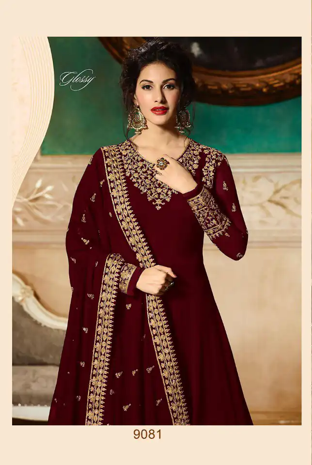 GLOSSY 9081 Red Color: red Fabrics: Top :- Heavy Georgette Embroidery Dupatta:- Georgette with Embroidery Work +Stone with Lace | Anarkali Suits, Bollywood Anarkali, Creative-Anarkali, Designer Anarkali, Embroidered Anarkali, Party Wear Anarkali