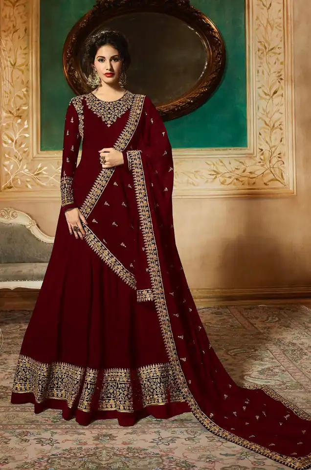 GLOSSY 9081 Red Color: red Fabrics: Top :- Heavy Georgette Embroidery Dupatta:- Georgette with Embroidery Work +Stone with Lace | Anarkali Suits, Bollywood Anarkali, Creative-Anarkali, Designer Anarkali, Embroidered Anarkali, Party Wear Anarkali