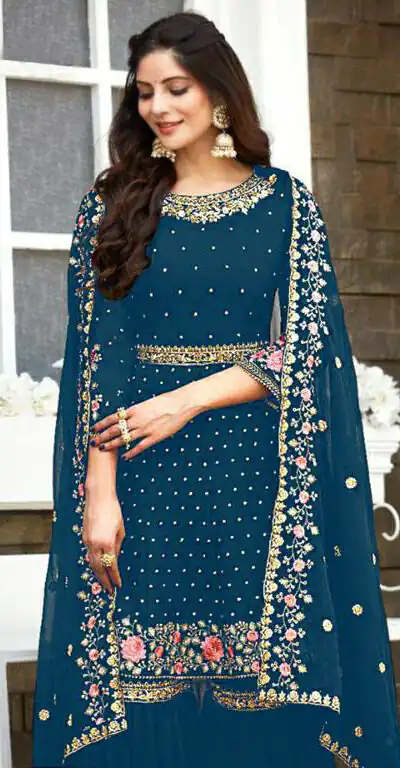 Ds 003821 Peacock Blue color Georgette Embroidery Stone work Sharara suit Wedding, Party, Festive, Events Etc. Expected Delivery 4-6 Working Days @2299/- | Salwar suit, Designer Suits, Casual Suits, Creative suits, Palazzo Suits, Party Wear Suits, Straight Suits
