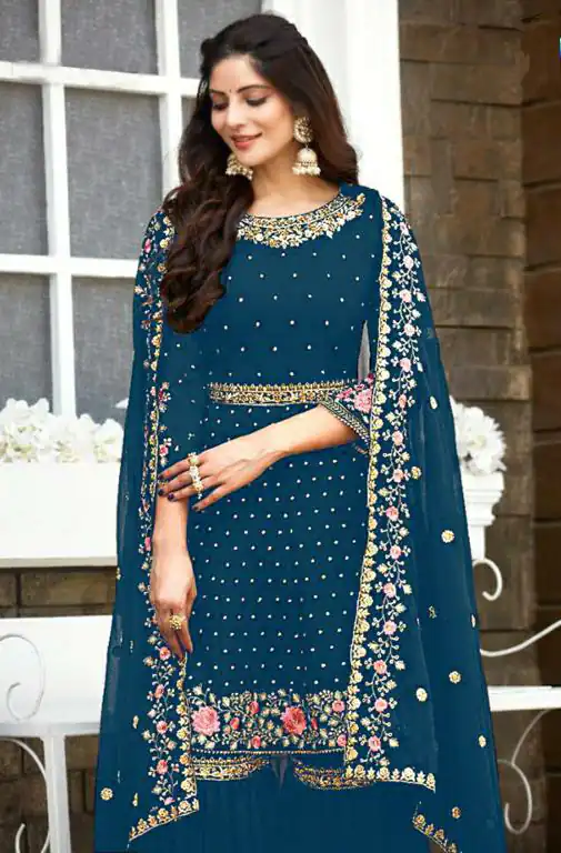 Ds 003821 Peacock Blue color Georgette Embroidery Stone work Sharara suit Wedding, Party, Festive, Events Etc. Expected Delivery 4-6 Working Days @2299/- | Salwar suit, Designer Suits, Casual Suits, Creative suits, Palazzo Suits, Party Wear Suits, Straight Suits