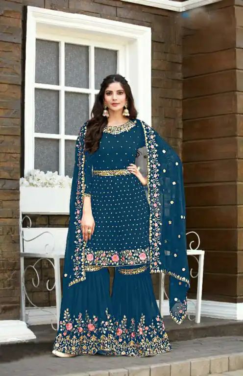 Ds 003821 Peacock Blue color Georgette Embroidery Stone work Sharara suit Wedding, Party, Festive, Events Etc. Expected Delivery 4-6 Working Days @2299/- | Salwar suit, Designer Suits, Casual Suits, Creative suits, Palazzo Suits, Party Wear Suits, Straight Suits