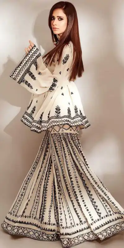 NSR 1139 White & Black Top : Heavy Georgette Top Work : Embroidery Work With Embroidered Bell Sleeve Party, Daily, Wedding, Events @ | Salwar suit, Designer Suits, Casual Suits, Creative suits, Palazzo Suits, Party Wear Suits, Straight Suits