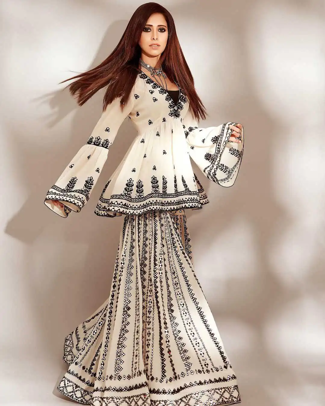 NSR 1139 White & Black Top : Heavy Georgette Top Work : Embroidery Work With Embroidered Bell Sleeve Party, Daily, Wedding, Events @ | Salwar suit, Designer Suits, Casual Suits, Creative suits, Palazzo Suits, Party Wear Suits, Straight Suits