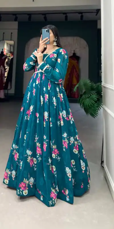 YNF 5029 Pine Green Color Exquisite Floral Georgette Printed Gown Casual, Wedding, Party, Festive, Events Etc. Expected Delivery 4-6 Working Days @1749/- | Gowns, Bollywood Gowns, Creative Gowns, Designer Gowns, Embroidered Gowns, Party Wear Gowns
