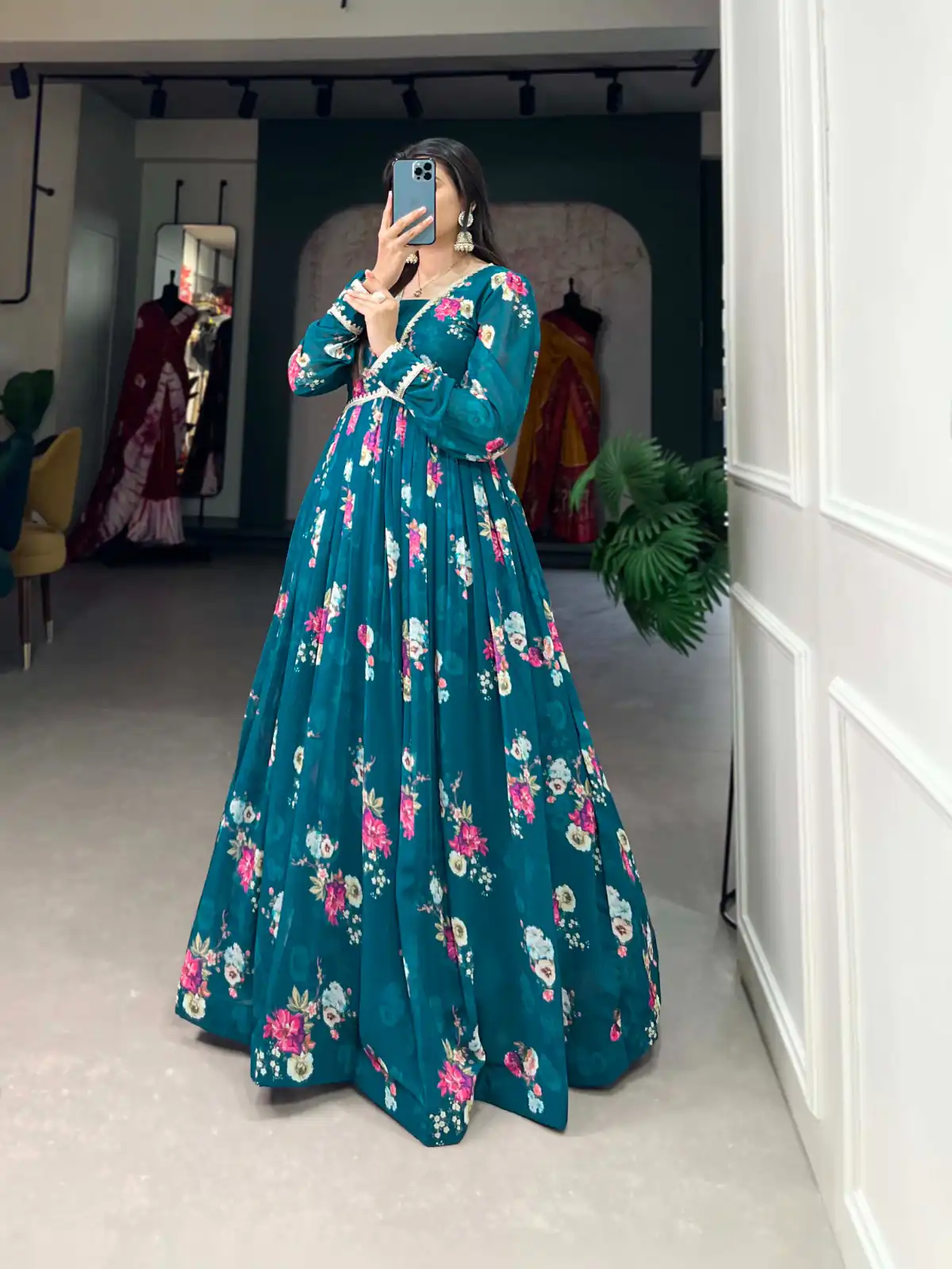 YNF 5029 Pine Green Color Exquisite Floral Georgette Printed Gown Casual, Wedding, Party, Festive, Events Etc. Expected Delivery 4-6 Working Days @1749/- | Gowns, Bollywood Gowns, Creative Gowns, Designer Gowns, Embroidered Gowns, Party Wear Gowns