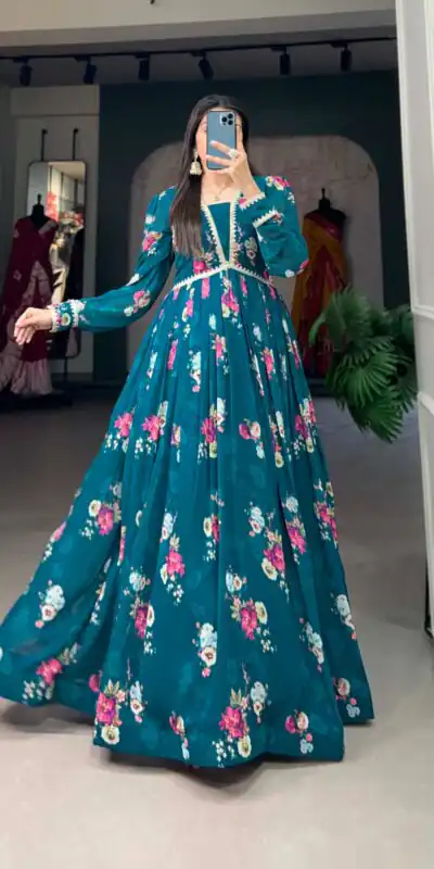 YNF 5029 Pine Green Color Exquisite Floral Georgette Printed Gown Casual, Wedding, Party, Festive, Events Etc. Expected Delivery 4-6 Working Days @1749/- | Gowns, Bollywood Gowns, Creative Gowns, Designer Gowns, Embroidered Gowns, Party Wear Gowns