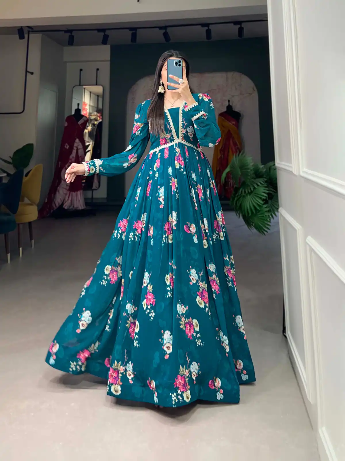 YNF 5029 Pine Green Color Exquisite Floral Georgette Printed Gown Casual, Wedding, Party, Festive, Events Etc. Expected Delivery 4-6 Working Days @1749/- | Gowns, Bollywood Gowns, Creative Gowns, Designer Gowns, Embroidered Gowns, Party Wear Gowns