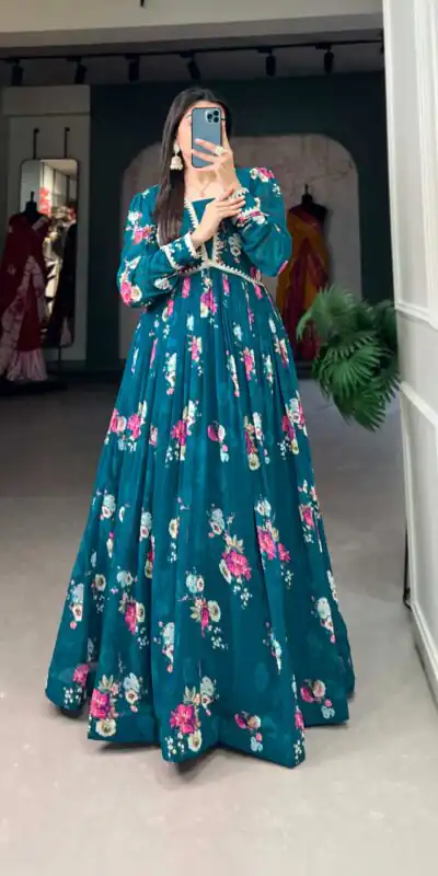YNF 5029 Pine Green Color Exquisite Floral Georgette Printed Gown Casual, Wedding, Party, Festive, Events Etc. Expected Delivery 4-6 Working Days @1749/- | Gowns, Bollywood Gowns, Creative Gowns, Designer Gowns, Embroidered Gowns, Party Wear Gowns