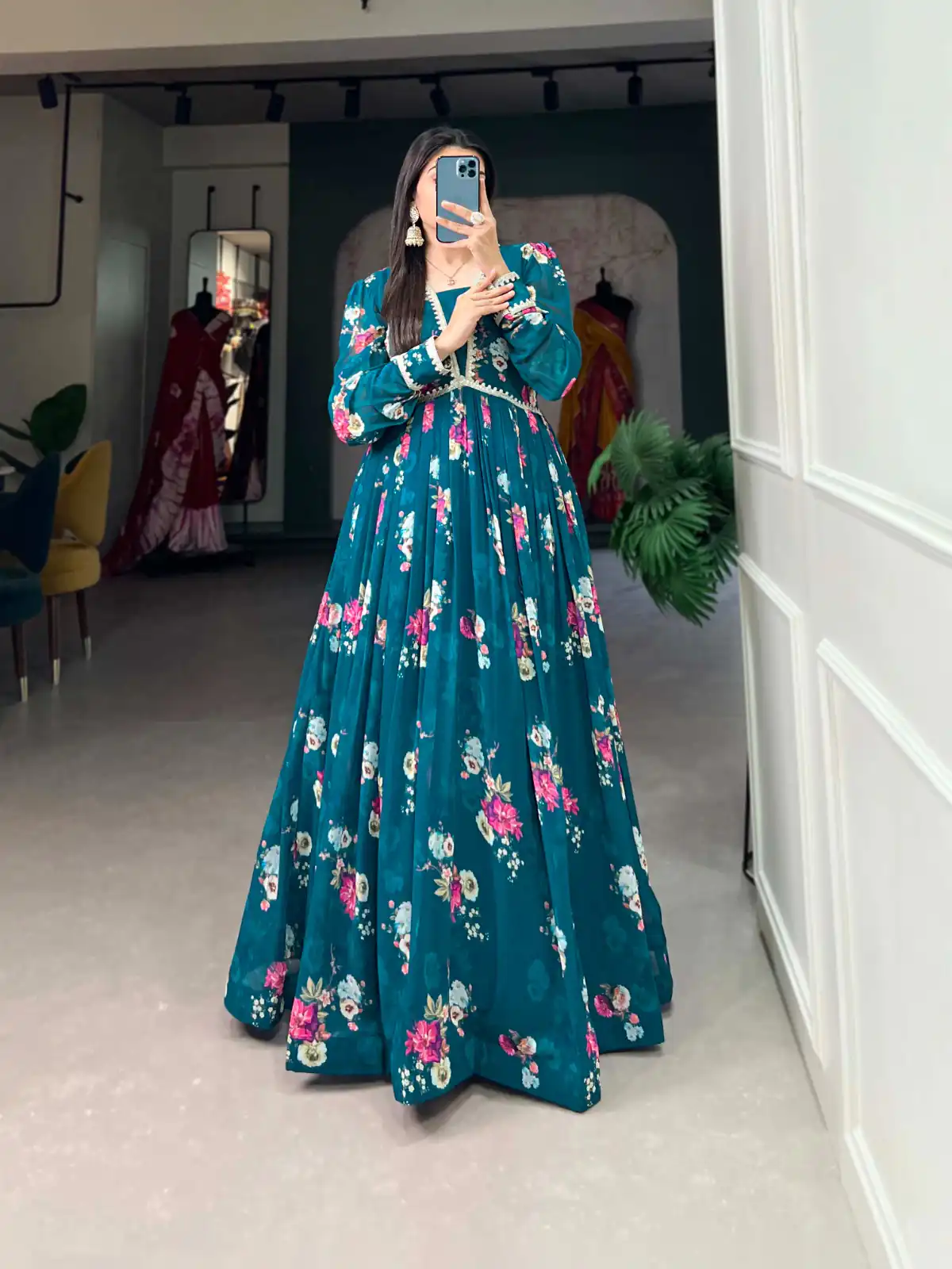 YNF 5029 Pine Green Color Exquisite Floral Georgette Printed Gown Casual, Wedding, Party, Festive, Events Etc. Expected Delivery 4-6 Working Days @1749/- | Gowns, Bollywood Gowns, Creative Gowns, Designer Gowns, Embroidered Gowns, Party Wear Gowns