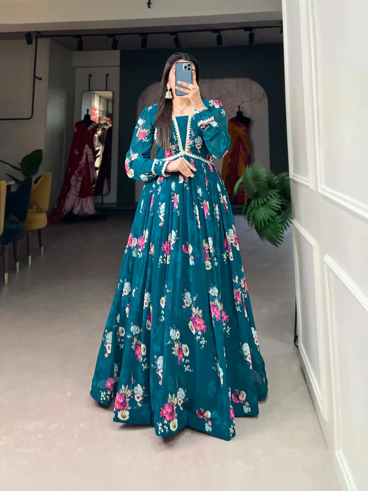 YNF 5029 Pine Green Color Exquisite Floral Georgette Printed Gown Casual, Wedding, Party, Festive, Events Etc. Expected Delivery 4-6 Working Days @1749/- | Gowns, Bollywood Gowns, Creative Gowns, Designer Gowns, Embroidered Gowns, Party Wear Gowns