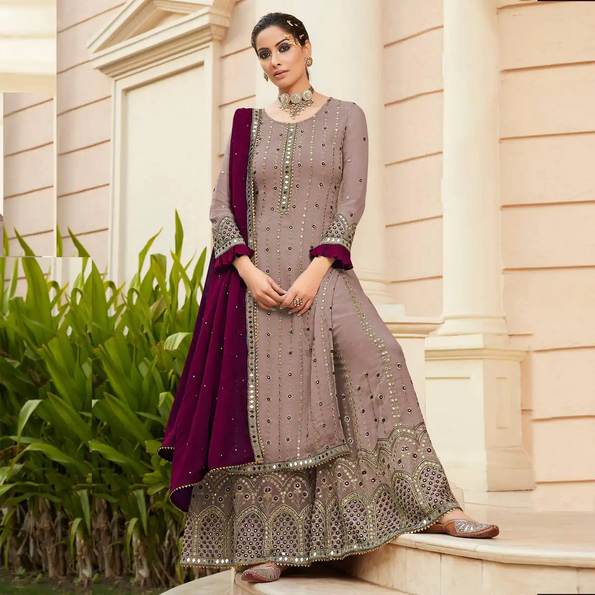 FC 9704 Pink Wine Top : Georgette Work : Embroidery Work, Mirror Work Wedding, Festive, Events Black Georgette Embroidered Sharara @2099 | Salwar suit, Designer Suits, Casual Suits, Creative suits, Palazzo Suits, Party Wear Suits, Straight Suits