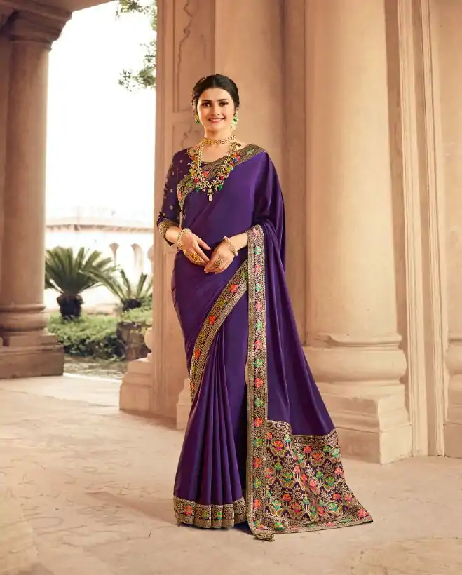 Exemplary Purple Saree : Georgette Work : Digital Print With Heavy Embroidered Lace Border Blouse : Banglori Silk Daily, Casual, Festive @1899/- | Sarees, Bollywood Sarees, Creative Sarees, Designer Sarees, Embroidered Sarees, Ethnic Saree, Modern Digital sarees, Party Wear Sarees