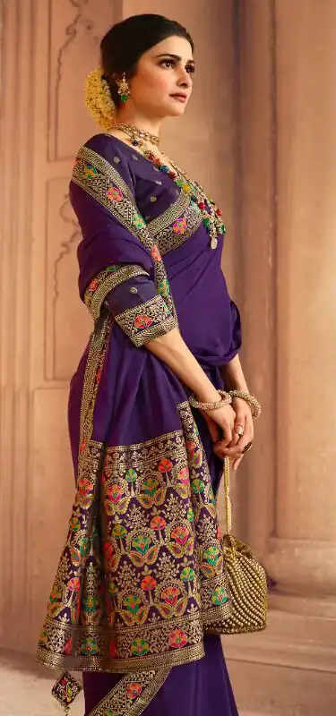 Exemplary Purple Saree : Georgette Work : Digital Print With Heavy Embroidered Lace Border Blouse : Banglori Silk Daily, Casual, Festive @1899/- | Sarees, Bollywood Sarees, Creative Sarees, Designer Sarees, Embroidered Sarees, Ethnic Saree, Modern Digital sarees, Party Wear Sarees