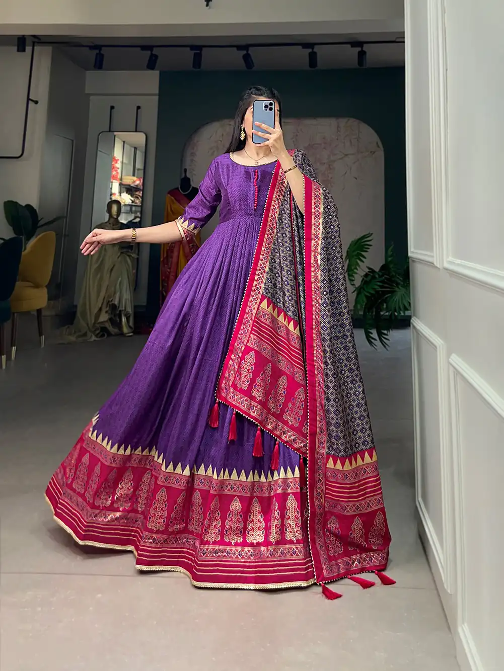 YNF 5007 Purple Color Tussar Silk Print With Foil Printed Gown Casual, Wedding, Party, Festive, Events Etc. Expected Delivery 4-6 Working Days @2049/- | Gowns, Bollywood Gowns, Creative Gowns, Designer Gowns, Embroidered Gowns, Party Wear Gowns