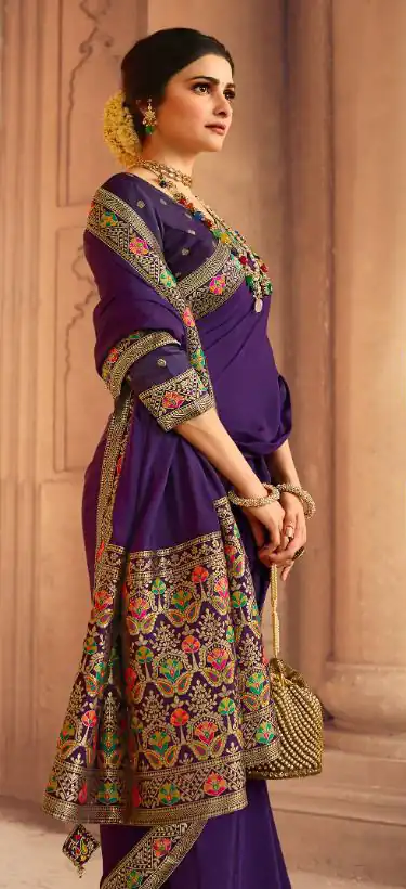 Exemplary Purple Saree : Georgette Work : Digital Print With Heavy Embroidered Lace Border Blouse : Banglori Silk Daily, Casual, Festive @1899/- | Sarees, Bollywood Sarees, Creative Sarees, Designer Sarees, Embroidered Sarees, Ethnic Saree, Modern Digital sarees, Party Wear Sarees
