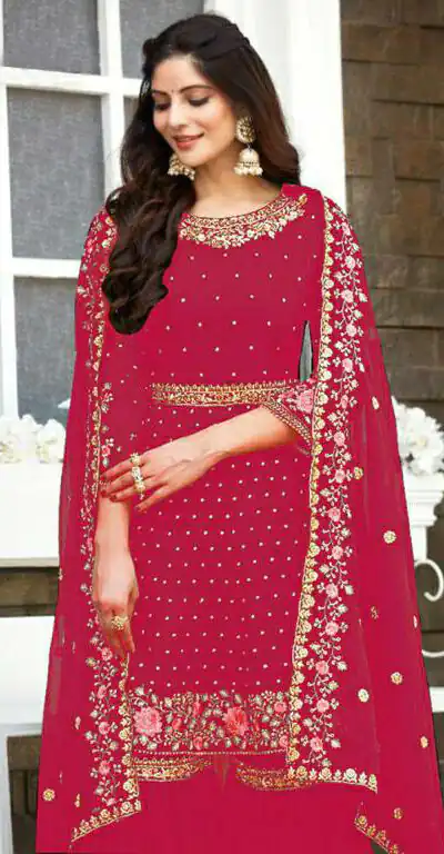 Ds 003821 Red color Georgette Embroidery Stone work Sharara suit Wedding, Party, Festive, Events Etc. Expected Delivery 4-6 Working Days @2299/- | Salwar suit, Designer Suits, Casual Suits, Creative suits, Palazzo Suits, Party Wear Suits, Straight Suits