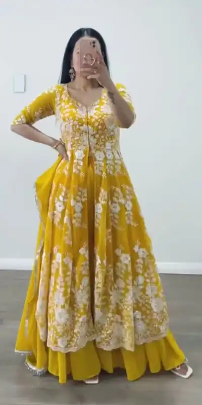 ZSR 3021 Yellow Color Gown : Fox Georgette Work : Embroidery Sequence Work Inner : Micro Cotton Traditional Wear, Wedding, Festive, Events. @2599/- | Gowns, Bollywood Gowns, Creative Gowns, Designer Gowns, Embroidered Gowns, Party Wear Gowns