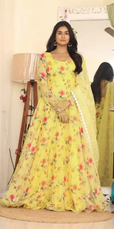 RTC 8047 Yellow Gown : Tabby Silk Organza Work : Embroidery Work Beautiful Yelow Color Casual, Wedding, Party, Festive, Events. @2099 | Gowns, Bollywood Gowns, Creative Gowns, Designer Gowns, Embroidered Gowns, Party Wear Gowns