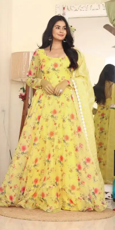 RTC 8047 Yellow Gown : Tabby Silk Organza Work : Embroidery Work Beautiful Yelow Color Casual, Wedding, Party, Festive, Events. @2099 | Gowns, Bollywood Gowns, Creative Gowns, Designer Gowns, Embroidered Gowns, Party Wear Gowns