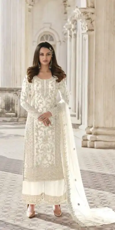 Adorable White Color Butterfly Net And Embroidery Work Sharara