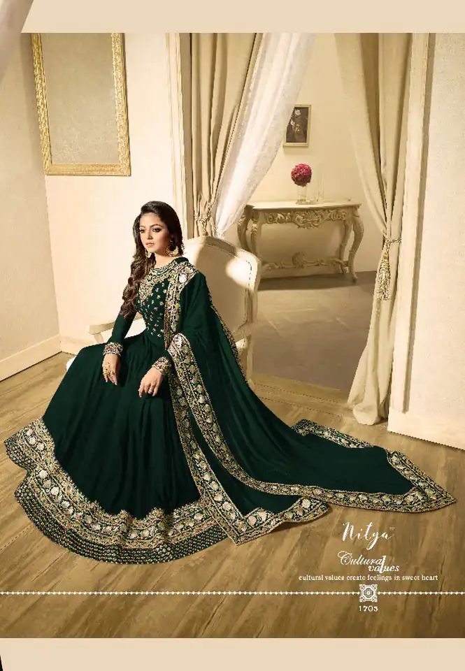 LT 1703 Green Color: Green Fabrics: Banglory Silk + Faux Georgette & Codding Embroidery work Dupatta:- Heavy Net + Codding and Sequine Embroidary Work | Anarkali Suits, Bollywood Anarkali, Creative-Anarkali, Designer Anarkali, Embroidered Anarkali, Party Wear Anarkali