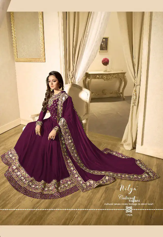 LT 1703 Purple Color: Purple Fabrics: Banglory Silk + Faux Georgette & Codding Embroidery work Dupatta:- Heavy Net + Codding and Sequine Embroidary Work | Anarkali Suits, Bollywood Anarkali, Creative-Anarkali, Designer Anarkali, Embroidered Anarkali, Party Wear Anarkali