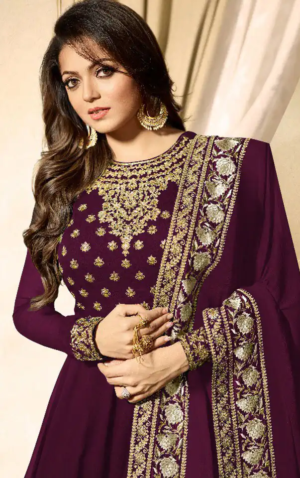 LT 1703 Purple Color: Purple Fabrics: Banglory Silk + Faux Georgette & Codding Embroidery work Dupatta:- Heavy Net + Codding and Sequine Embroidary Work | Anarkali Suits, Bollywood Anarkali, Creative-Anarkali, Designer Anarkali, Embroidered Anarkali, Party Wear Anarkali