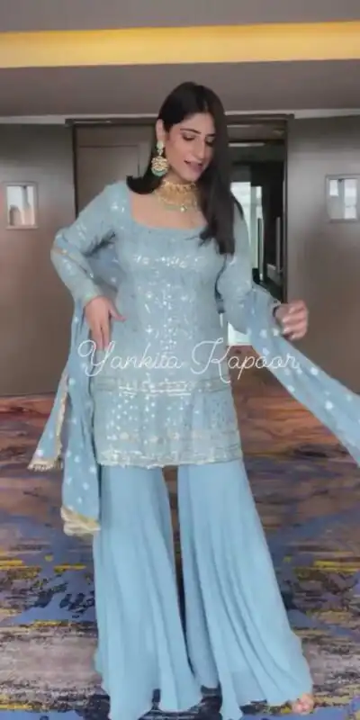 RTC 5373 Sky Blue Top : Georgette Sharara : Georgette Work : Embroidery With Sequence Wedding, Party, Festive,@2249/- Only | Salwar suit, Designer Suits, Casual Suits, Creative suits, Palazzo Suits, Party Wear Suits, Straight Suits