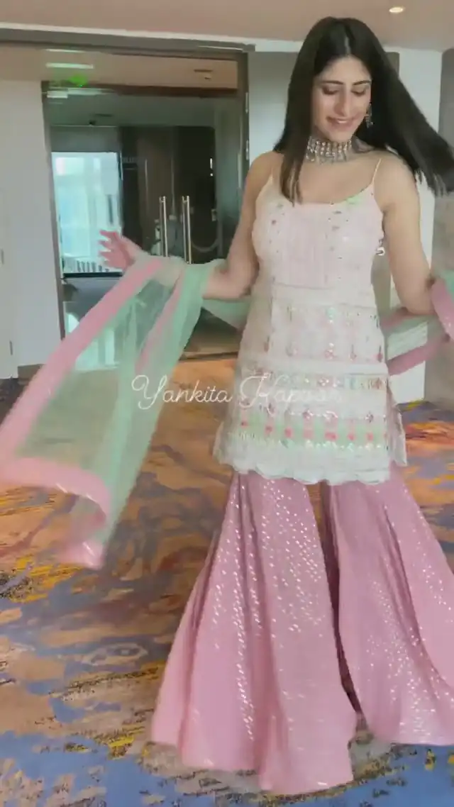 NSR 1270 White-Pink Top : Fox Georgette Sharara : Fox Georgette Work : Embroidery Work With Riyal Mirror Hand Work@1999/- Only | Salwar suit, Designer Suits, Casual Suits, Creative suits, Palazzo Suits, Party Wear Suits, Straight Suits