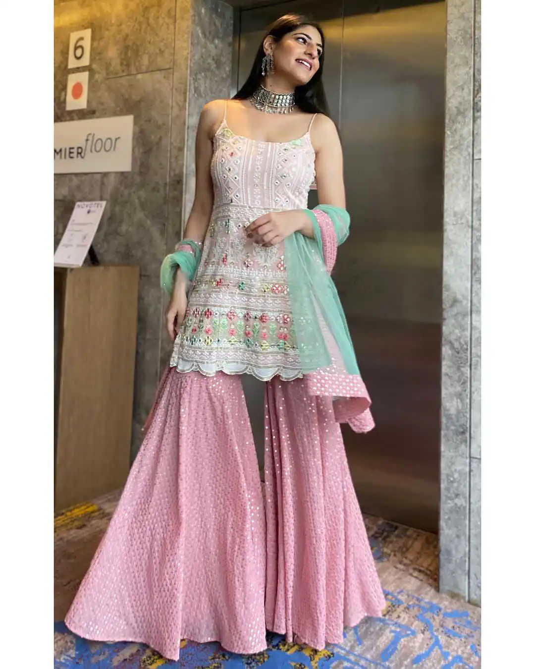 NSR 1270 White-Pink Top : Fox Georgette Sharara : Fox Georgette Work : Embroidery Work With Riyal Mirror Hand Work@1999/- Only | Salwar suit, Designer Suits, Casual Suits, Creative suits, Palazzo Suits, Party Wear Suits, Straight Suits