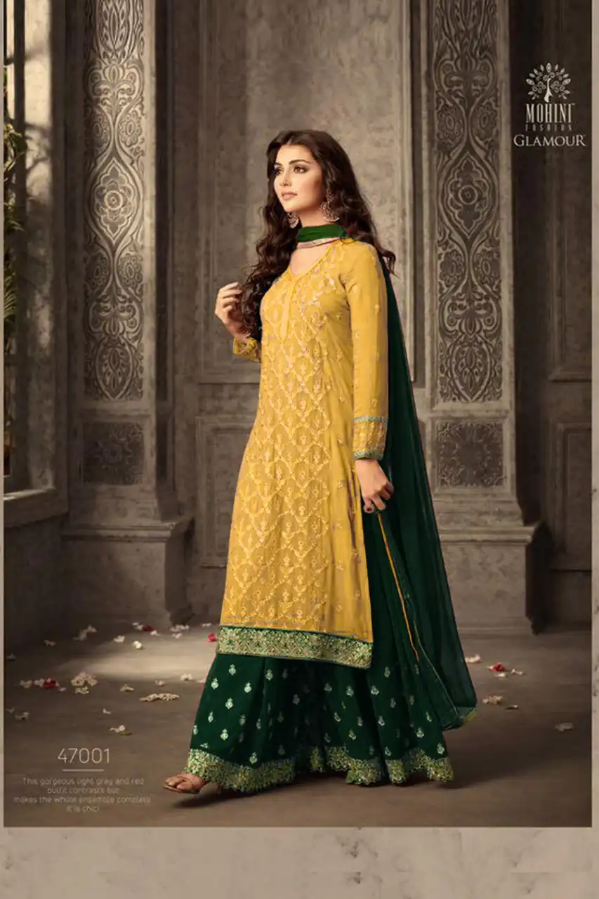 MOHINI 47001 YELLOW-GREEN Color: Yellow-Green Fabrics:  Top :- Faux Georgette Embroidery And Stone Work Dupatta:- Nazmin Embroidery Work Lace | Salwar suit, Designer Suits, Casual Suits, Creative suits, Palazzo Suits, Party Wear Suits, Straight Suits