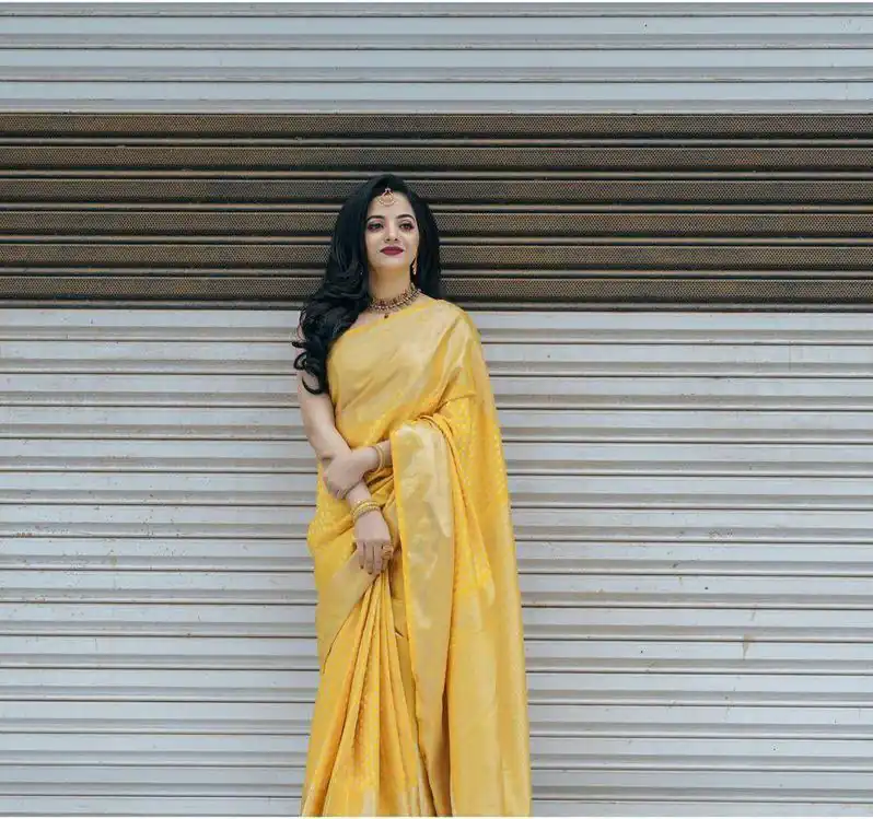 KP 3095 Yellow Color Lichi Silk Jacquard Work Beautiful Saree Casual, Party Wear, Wedding, Events Etc. Expected Delivery 4-6 Working Days @1399/- | Sarees, Bollywood Sarees, Creative Sarees, Designer Sarees, Embroidered Sarees, Ethnic Saree, Modern Digital sarees, Party Wear Sarees