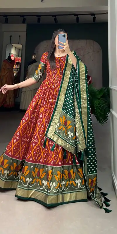 YNF5004 Red Color Tussar Silk Patola With Foil Print Gown Casual, Wedding, Festive, Events, Designer Party Wear, Expected Delivery 4-6 Working Days @1999 | Gowns, Bollywood Gowns, Creative Gowns, Designer Gowns, Embroidered Gowns, Party Wear Gowns