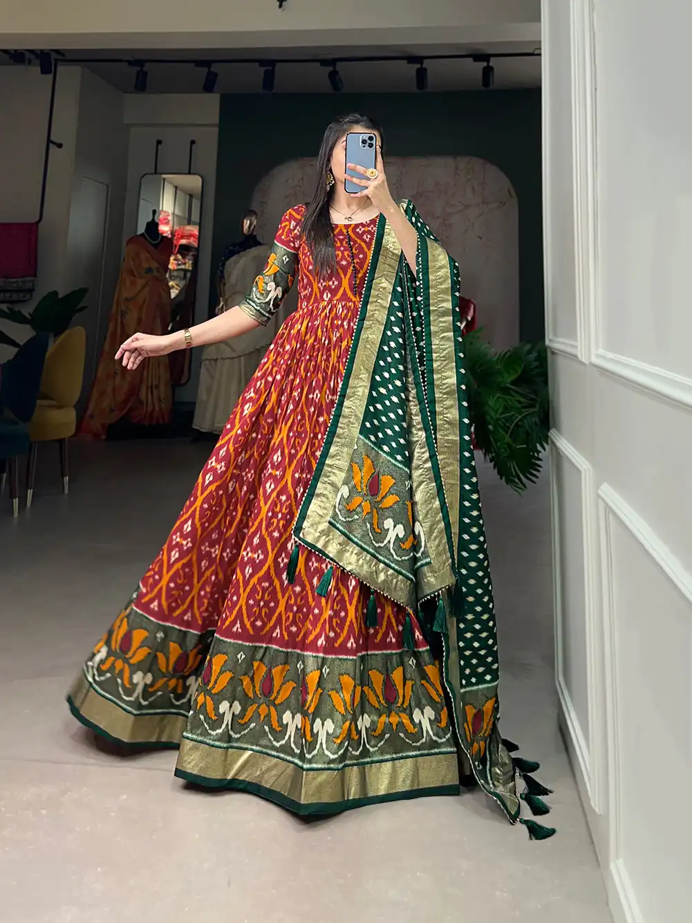 YNF5004 Red Color Tussar Silk Patola With Foil Print Gown Casual, Wedding, Festive, Events, Designer Party Wear, Expected Delivery 4-6 Working Days @1999 | Gowns, Bollywood Gowns, Creative Gowns, Designer Gowns, Embroidered Gowns, Party Wear Gowns