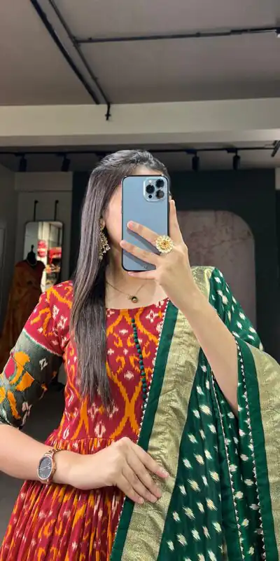 YNF5004 Red Color Tussar Silk Patola With Foil Print Gown Casual, Wedding, Festive, Events, Designer Party Wear, Expected Delivery 4-6 Working Days @1999 | Gowns, Bollywood Gowns, Creative Gowns, Designer Gowns, Embroidered Gowns, Party Wear Gowns