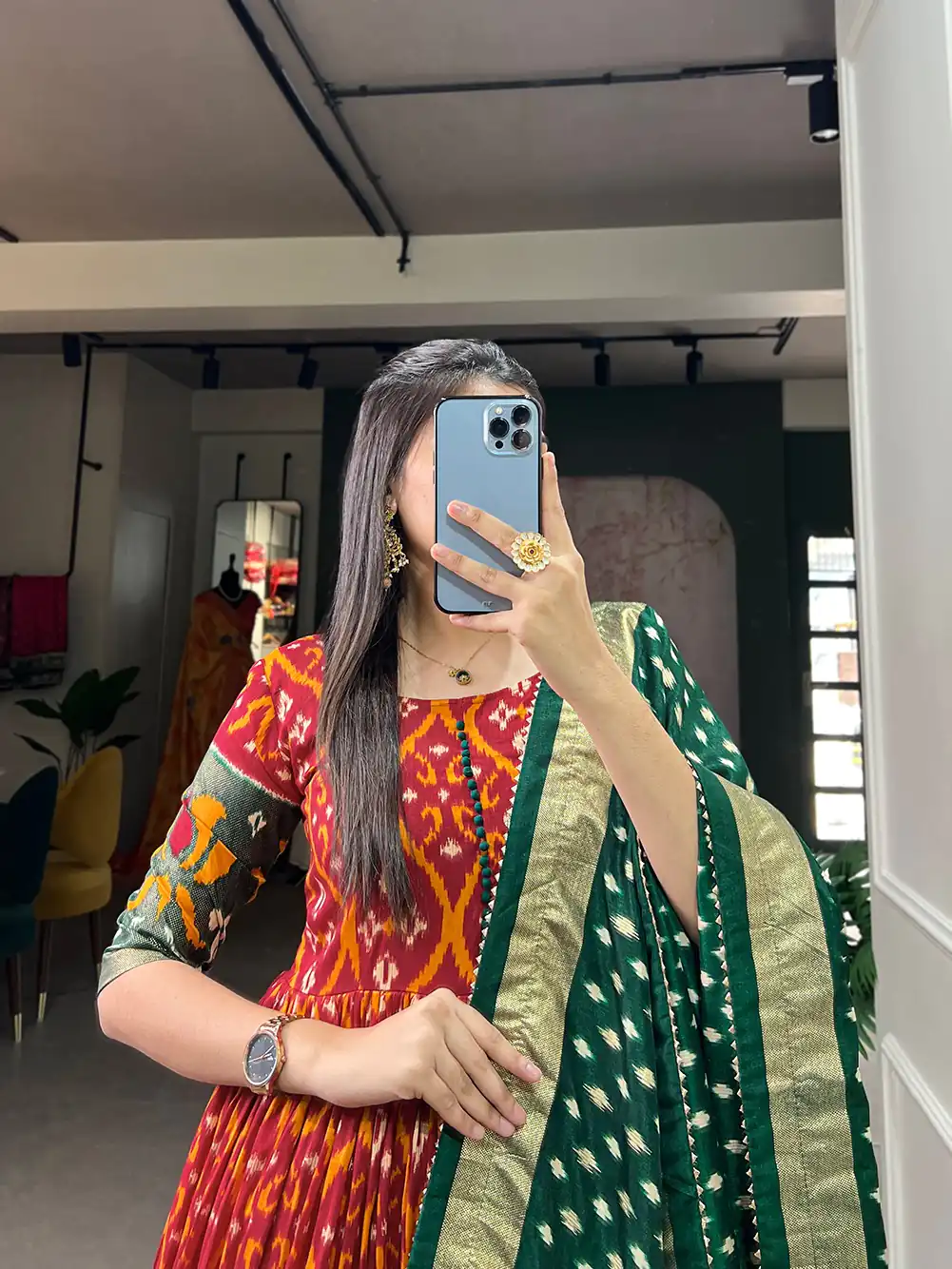 YNF5004 Red Color Tussar Silk Patola With Foil Print Gown Casual, Wedding, Festive, Events, Designer Party Wear, Expected Delivery 4-6 Working Days @1999 | Gowns, Bollywood Gowns, Creative Gowns, Designer Gowns, Embroidered Gowns, Party Wear Gowns