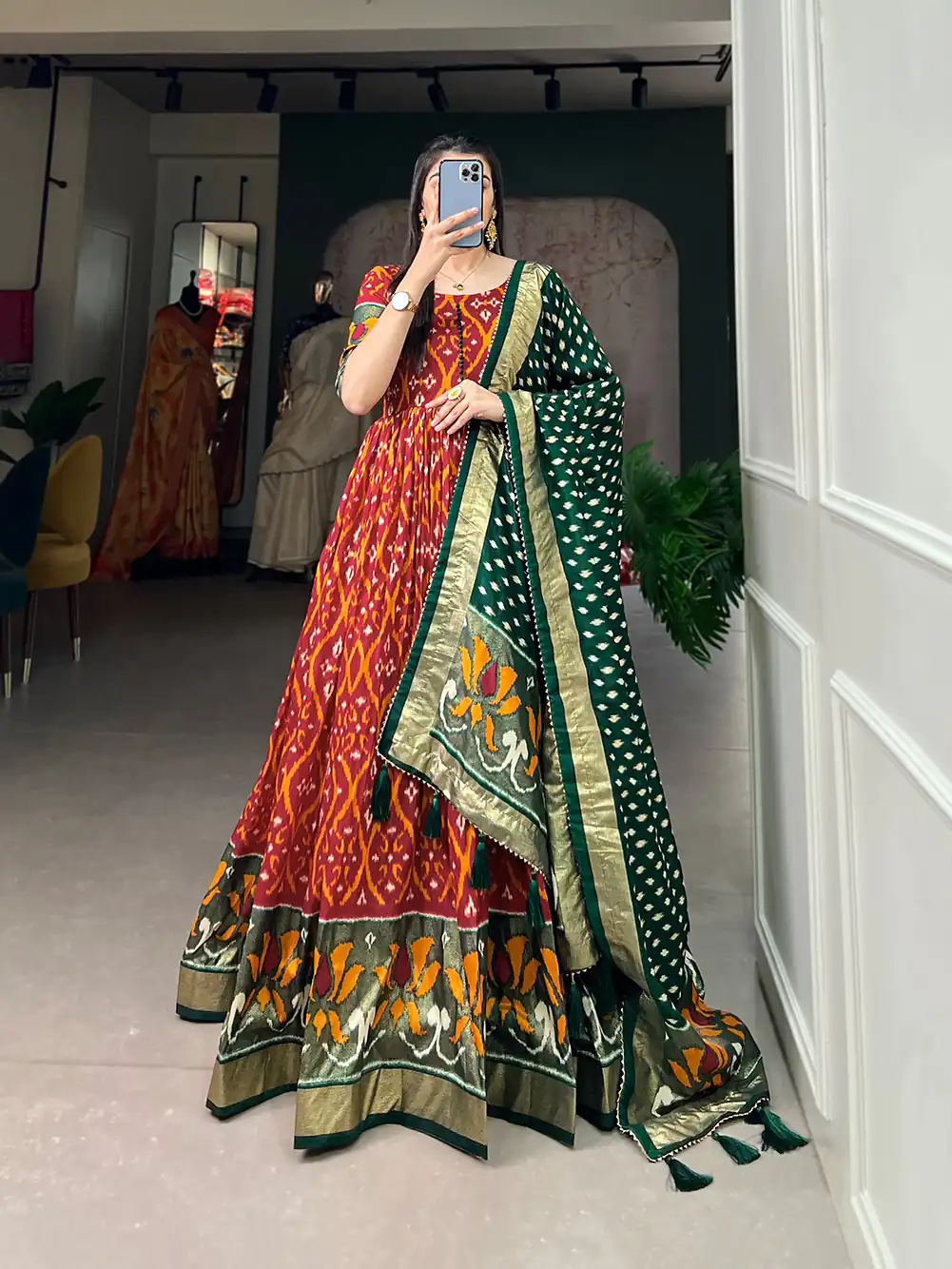 YNF5004 Red Color Tussar Silk Patola With Foil Print Gown Casual, Wedding, Festive, Events, Designer Party Wear, Expected Delivery 4-6 Working Days @1999 | Gowns, Bollywood Gowns, Creative Gowns, Designer Gowns, Embroidered Gowns, Party Wear Gowns