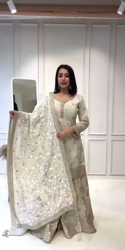 NSR 804 White  Color Heavy Chinnon Silk Embroidery Sequence Work Sharara Suit Casual, Party Festive, Events Etc. Expected Delivery 4-6 Working Days @2299/- | Jump Suits, Salwar suit, Designer Suits, Casual Suits, Creative suits, Palazzo Suits, Party Wear Suits, Patiala Suits, Straight Suits