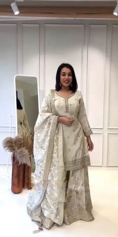 NSR 804 White  Color Heavy Chinnon Silk Embroidery Sequence Work Sharara Suit Casual, Party Festive, Events Etc. Expected Delivery 4-6 Working Days @2299/- | Jump Suits, Salwar suit, Designer Suits, Casual Suits, Creative suits, Palazzo Suits, Party Wear Suits, Patiala Suits, Straight Suits