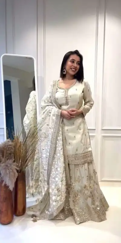 NSR 804 White  Color Heavy Chinnon Silk Embroidery Sequence Work Sharara Suit Casual, Party Festive, Events Etc. Expected Delivery 4-6 Working Days @2299/- | Jump Suits, Salwar suit, Designer Suits, Casual Suits, Creative suits, Palazzo Suits, Party Wear Suits, Patiala Suits, Straight Suits