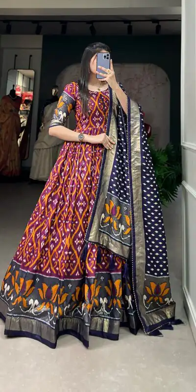 YNF5004 Wine Color Tussar Silk Patola With Foil Print Gown Casual, Wedding, Festive, Events, Designer Party Wear,  Expected Delivery 4-6 Working Days @1999 | Gowns, Bollywood Gowns, Creative Gowns, Designer Gowns, Embroidered Gowns, Party Wear Gowns